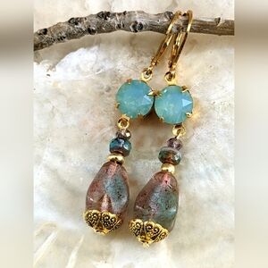 Victorian Mint Green-Blue Pacific Opal Crystal & Glass Earrings In 18K GP